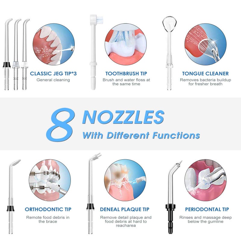 TUREWELL Water Flossing Oral Irrigator, 600ML Dental Teeth Cleaner 10 Adjustable Pressure, Electric Oral Flosser for Braces, 8 Replacement Jet Tips for Family (Black) - Image 3