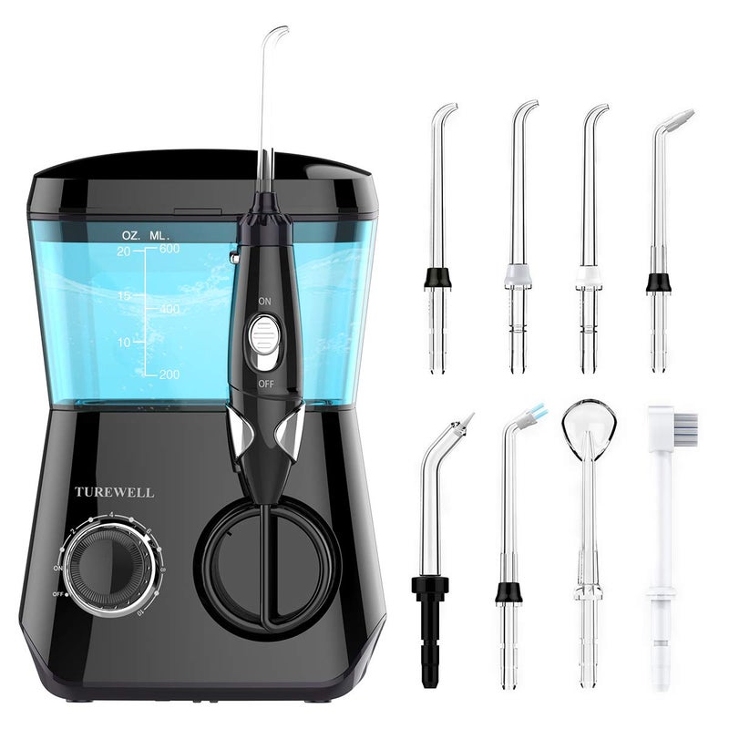 TUREWELL Water Flossing Oral Irrigator, 600ML Dental Teeth Cleaner 10 Adjustable Pressure, Electric Oral Flosser for Braces, 8 Replacement Jet Tips for Family (Black) - Image 1