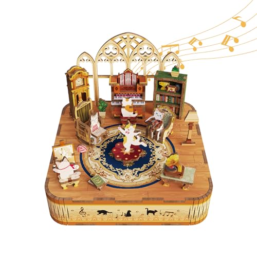 Tonecheer Wooden Music Box Puzzle for AdultsDIY Rotating Music Box Kit 3D Creative Musical Puzzle Crafts Model Building Kits Desk Decor for Teens Kids Birthday Gift Cats Family - Image 1