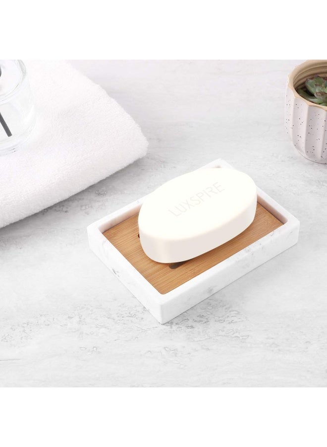 Luxspire Luxspire Soap Dish Tray Resin Soap Dish Bamboo Soap Bar Holder Box for Shower Kitchen Sink Double Layer Draining Soap Container Box Wood Case Bathroom Marble Pattern Tray  - Image 2