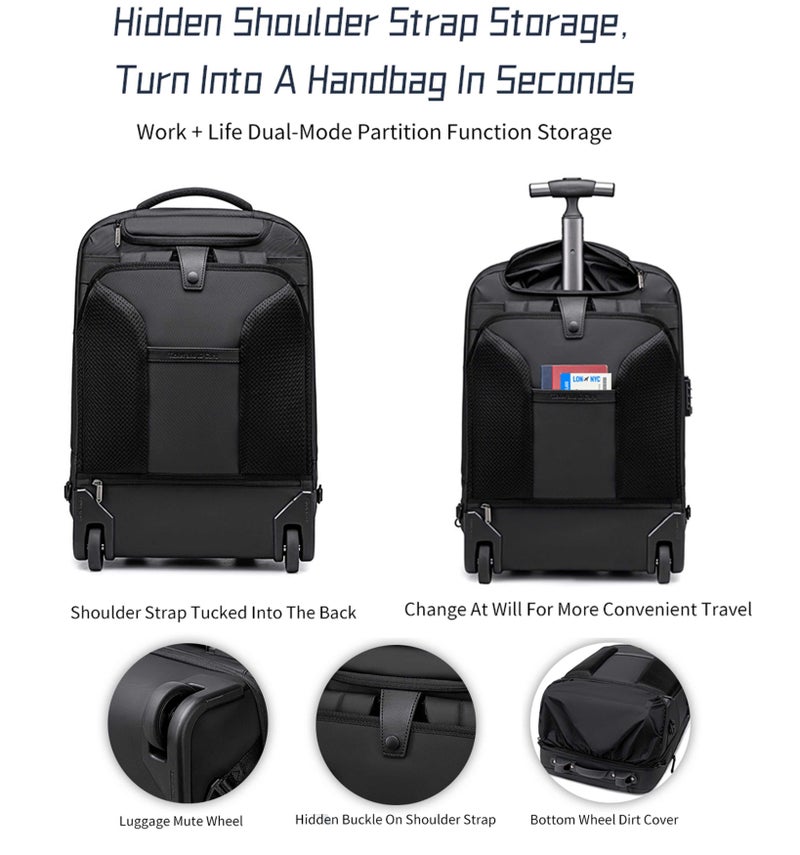 ARCTIC HUNTER Durable Professional Rolling Backpack Water Resistant Expandable 19 Inch Backpack Trolley for Office Travel Business School, LG00861, Black - Image 4