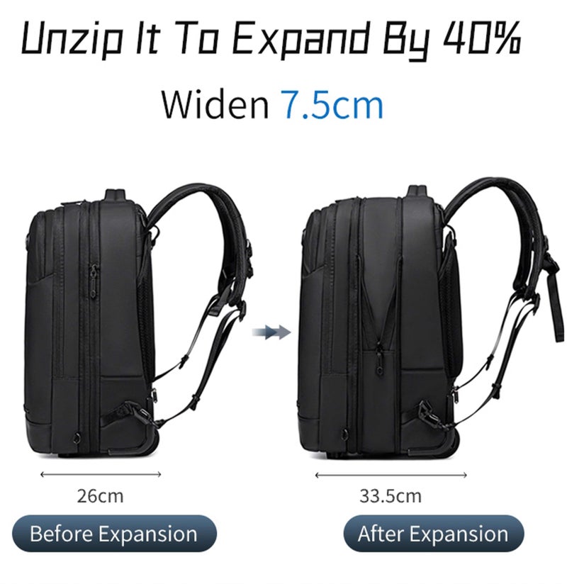 ARCTIC HUNTER Durable Professional Rolling Backpack Water Resistant Expandable 19 Inch Backpack Trolley for Office Travel Business School, LG00861, Black - Image 3
