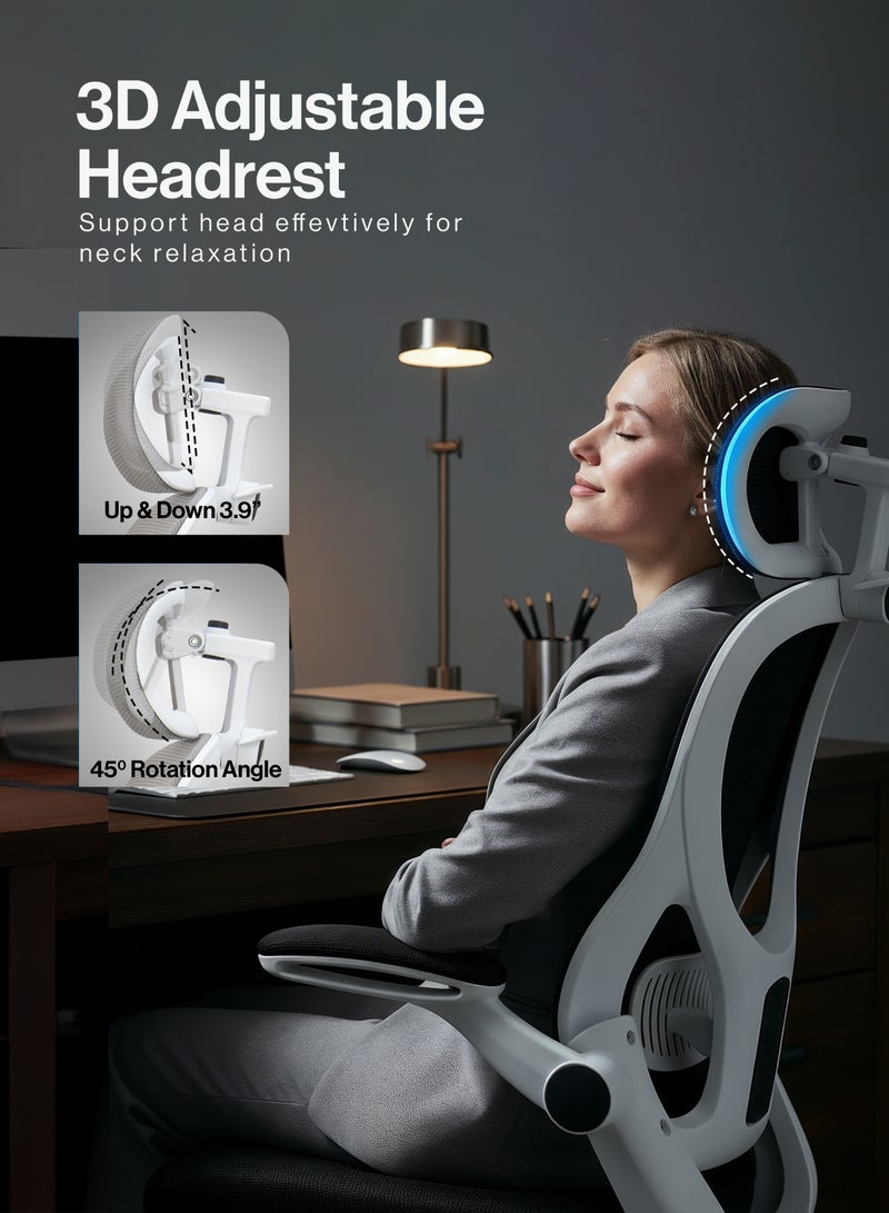 دراجو كرسي مكتب مريح فاخر للعمل من المنزل، كرسي كمبيوتر عالي الظهر مزود بشبكة، ومسند ذراع قابل للطي، ومسند رأس، ومقعد قابل للتعديل، ودعم أسفل الظهر | كرسي شبكي للمكتب، أبيض وأسود - Image 3