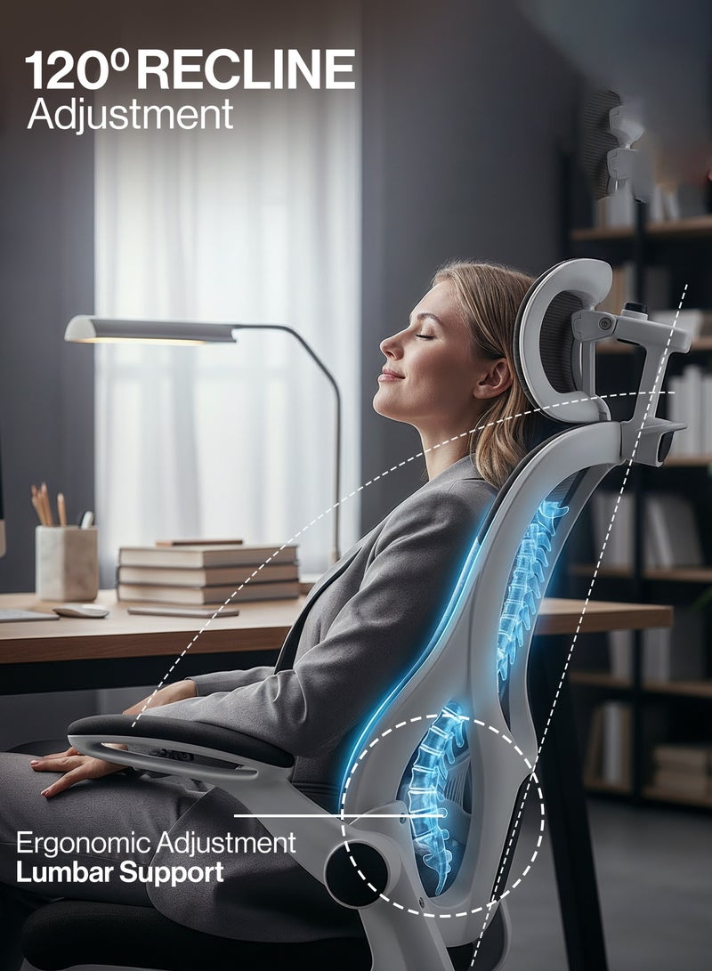 دراجو كرسي مكتب مريح فاخر للعمل من المنزل، كرسي كمبيوتر عالي الظهر مزود بشبكة، ومسند ذراع قابل للطي، ومسند رأس، ومقعد قابل للتعديل، ودعم أسفل الظهر | كرسي شبكي للمكتب، أبيض وأسود - Image 4