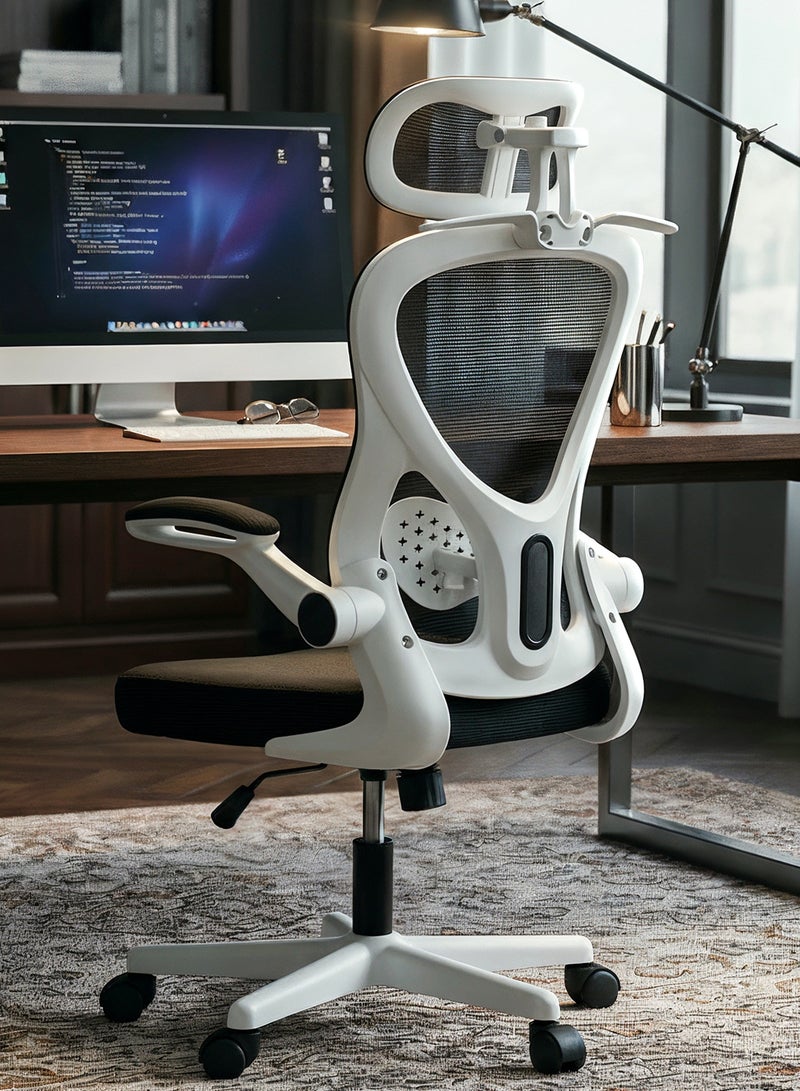 دراجو كرسي مكتب مريح فاخر للعمل من المنزل، كرسي كمبيوتر عالي الظهر مزود بشبكة، ومسند ذراع قابل للطي، ومسند رأس، ومقعد قابل للتعديل، ودعم أسفل الظهر | كرسي شبكي للمكتب، أبيض وأسود - Image 1