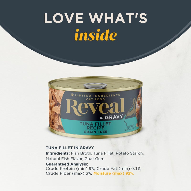 Reveal Natural Wet Canned Cat Food, Limited and Natural Ingredients, Grain Free, High Protein with No Artificial Additives, Tuna in Gravy (24 x 2.47 oz Cans) - Image 3