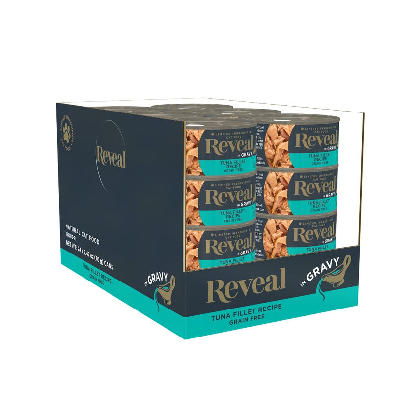 Reveal Natural Wet Canned Cat Food, Limited and Natural Ingredients, Grain Free, High Protein with No Artificial Additives, Tuna in Gravy (24 x 2.47 oz Cans) - Image 1