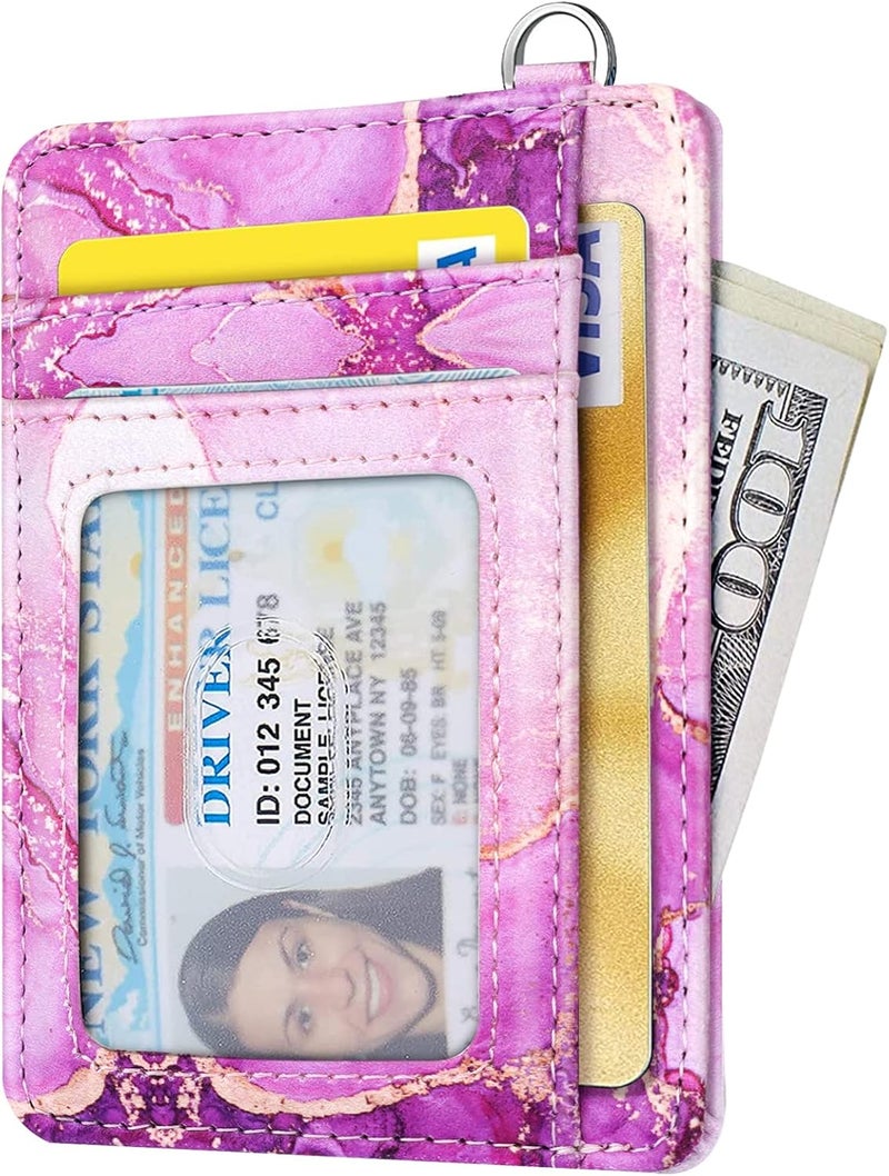 Coco Rossi Slim Front Pocket Wallet RFID ID Card Holder Cute Small Wallet with Keychian for Women,Purple Marble - Image 2