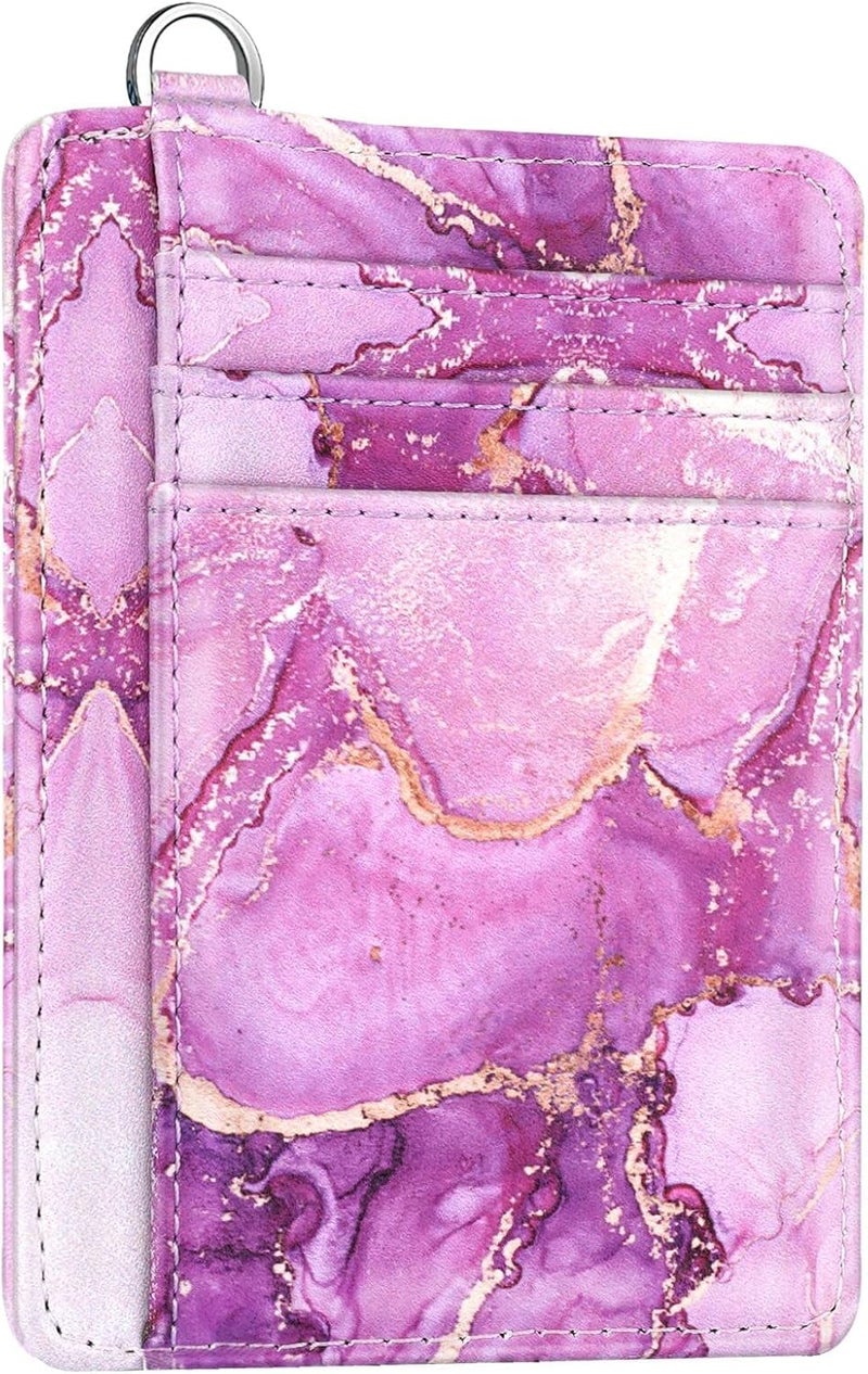 Coco Rossi Slim Front Pocket Wallet RFID ID Card Holder Cute Small Wallet with Keychian for Women,Purple Marble - Image 1