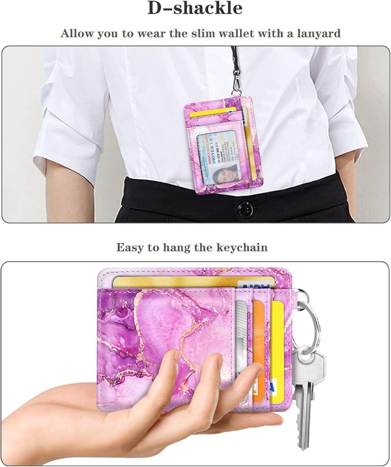 Coco Rossi Slim Front Pocket Wallet RFID ID Card Holder Cute Small Wallet with Keychian for Women,Purple Marble - Image 4