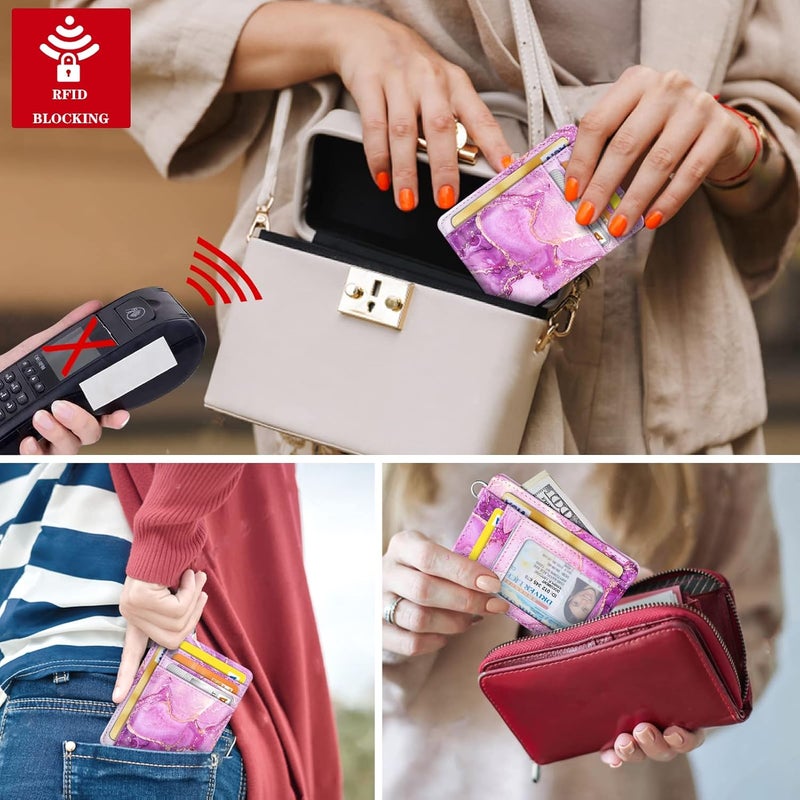 Coco Rossi Slim Front Pocket Wallet RFID ID Card Holder Cute Small Wallet with Keychian for Women,Purple Marble - Image 5