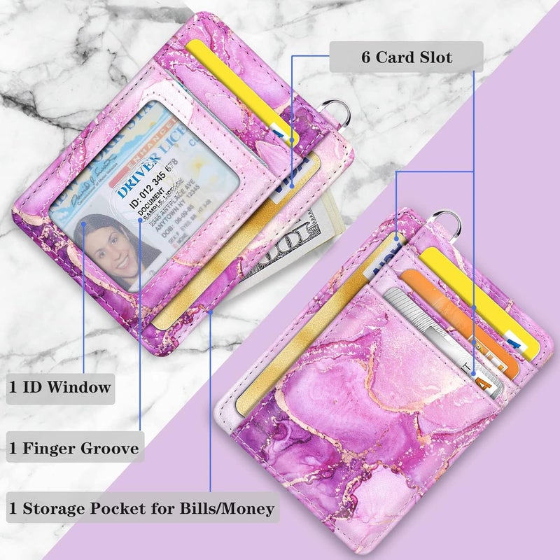 Coco Rossi Slim Front Pocket Wallet RFID ID Card Holder Cute Small Wallet with Keychian for Women,Purple Marble - Image 3