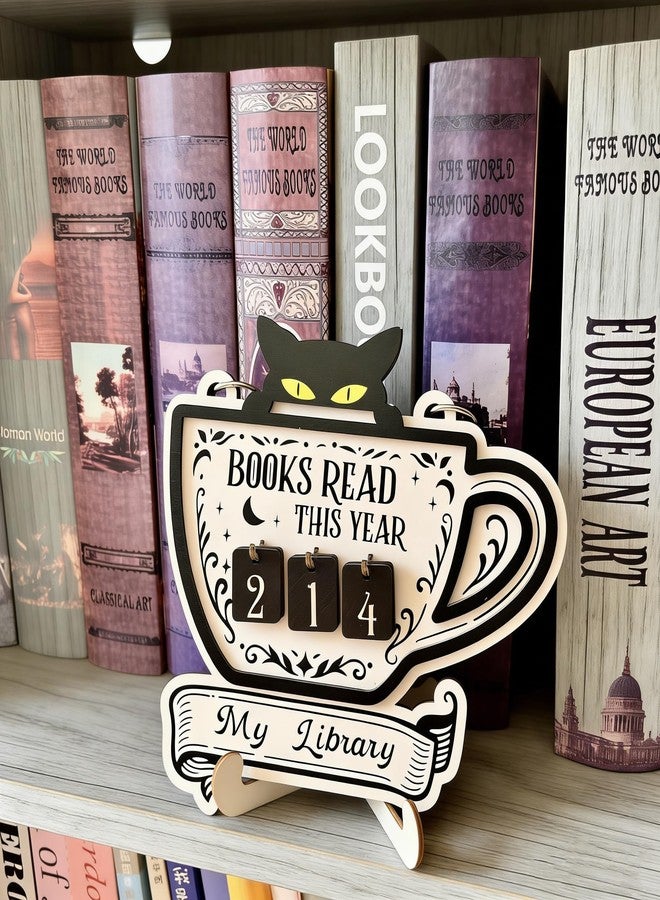 CuddleJunk Books Read This Year Counter, Cute Cat Wooden Book Counter Sign, Reading Tracker Sign for Bookshelf Decor, Gifts for Book Lovers Women Readers, Home Library Essentials - Image 1