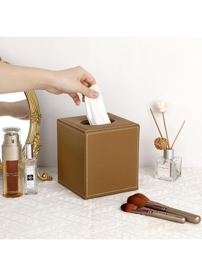 Lamsit Ibdaa Leather Tissue Box Holder with Magnetic Bottom | Rectangular Napkin Facial Tissues Dispenser | Square Cover PU Leather | Modern Organizer for Home Office Desk Car (Brown, Cubic) - Image 3