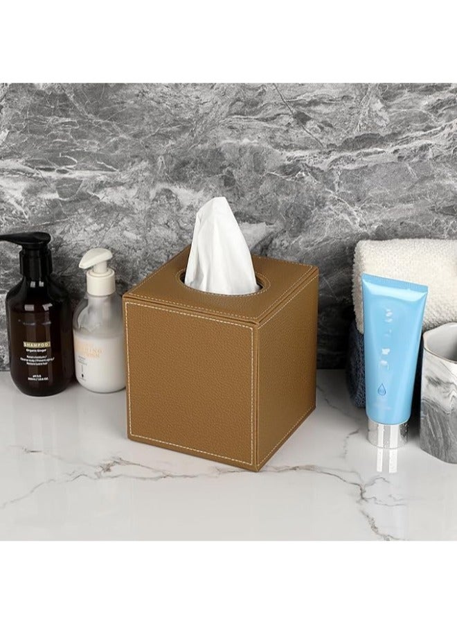 Lamsit Ibdaa Leather Tissue Box Holder with Magnetic Bottom | Rectangular Napkin Facial Tissues Dispenser | Square Cover PU Leather | Modern Organizer for Home Office Desk Car (Brown, Cubic) - Image 4