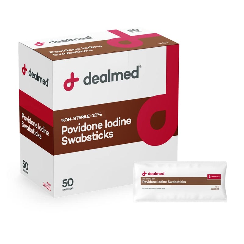 Dealmed عصا مسحة بوفيدون يودين 10% من ديلمد - عبوات مختومة فردياً مثالية للعناية بالجروح وحقائب الإسعافات الأولية المحمولة، 50/صندوق (عبوة من 1) - Image 1