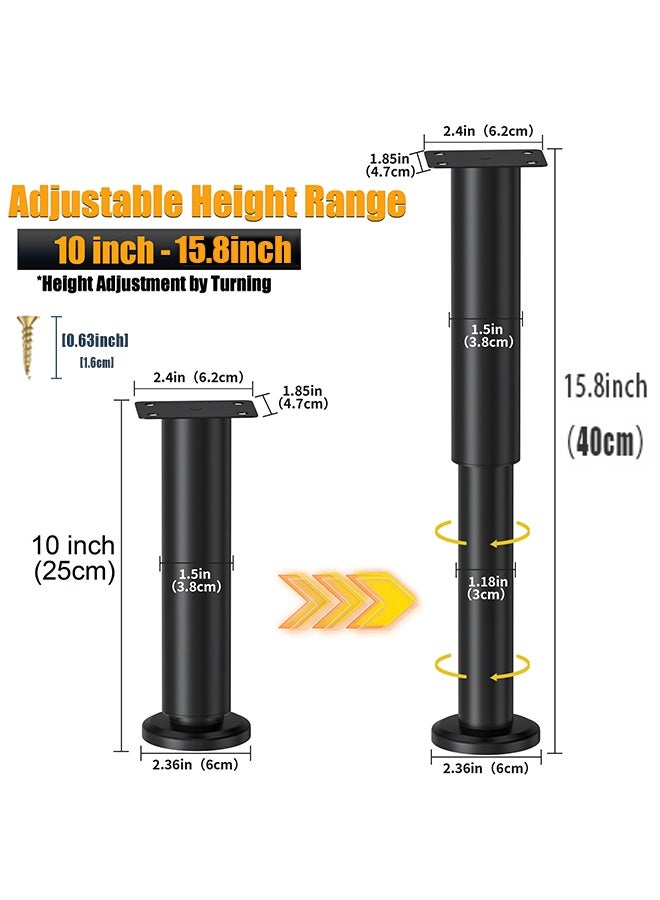 بوفان 4 قطع من أرجل دعم السرير القابلة للتعديل الارتفاع [مع 18 قطعة من البراغي] لإطار السرير/شريحة منتصف السرير، أرجل استبدال أثاث شديدة التحمل 10-15.8 بوصة للأريكة/الخزانة/الأريكة/خزانة الملابس/الطاولة (أسود) - Image 2