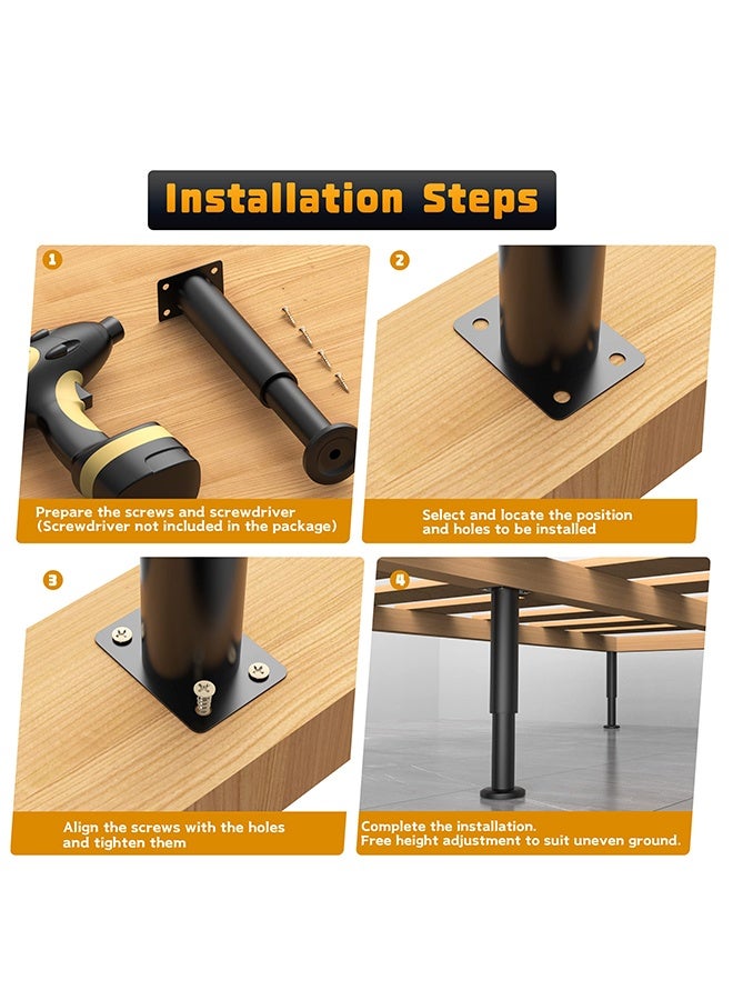 بوفان 4 قطع من أرجل دعم السرير القابلة للتعديل الارتفاع [مع 18 قطعة من البراغي] لإطار السرير/شريحة منتصف السرير، أرجل استبدال أثاث شديدة التحمل 10-15.8 بوصة للأريكة/الخزانة/الأريكة/خزانة الملابس/الطاولة (أسود) - Image 3