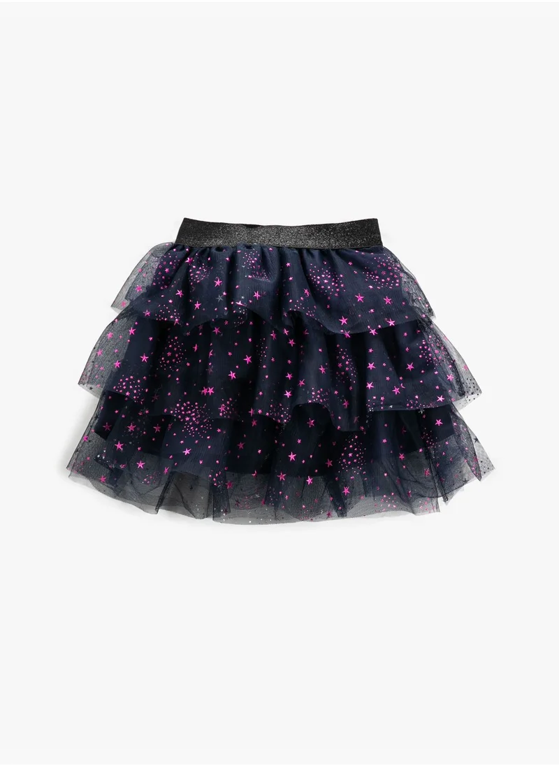 KOTON Tulle Skirt Tiered Star Patterned Cotton Lined