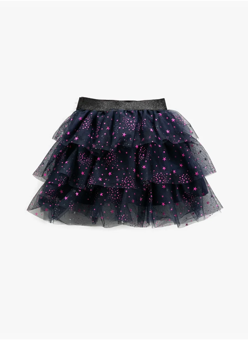 KOTON Tulle Skirt Tiered Star Patterned Cotton Lined