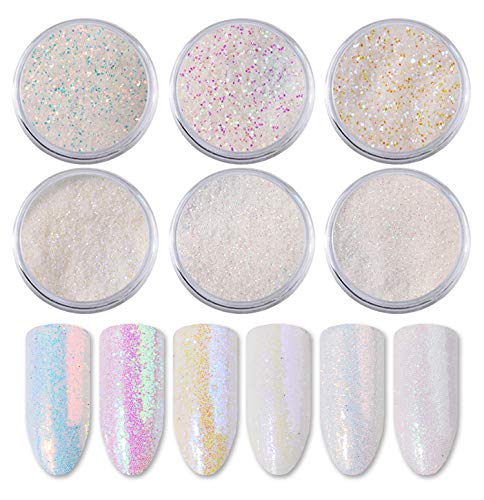 YesLady White Holographic Sequins 3D Nail Art Glitters Powder Manicure Decoration 6Pots - Image 1
