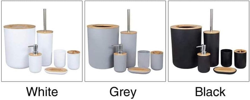 Modern Bathroom Accessory Set, White with Bamboo Accents, 6-Piece Collection, Soap Dispenser, Toothbrush Holder, Soap Dish, Minimalist Design