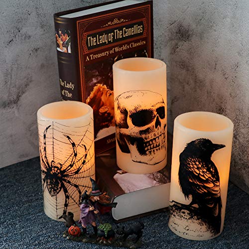 Eldnacele Halloween LED Flameless Flickering Candles Battery Operated with 6H Timer Skull Spider Web Crow Raven Spooky Decals Halloween Themed Indoor Decoration(3 Pack, D3 x H6) - Image 5