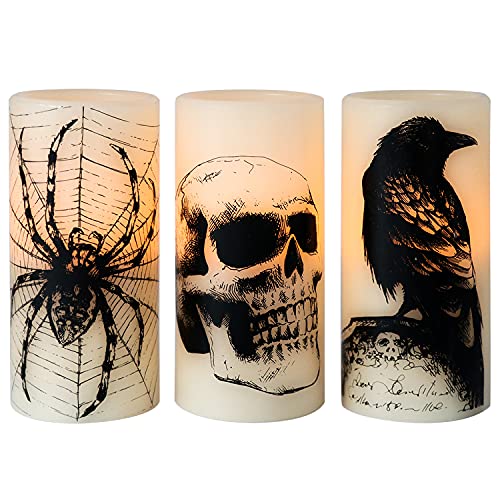 Eldnacele Halloween LED Flameless Flickering Candles Battery Operated with 6H Timer Skull Spider Web Crow Raven Spooky Decals Halloween Themed Indoor Decoration(3 Pack, D3 x H6) - Image 1