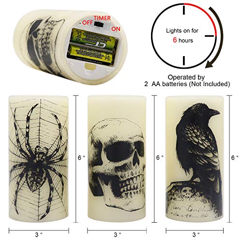 Eldnacele Halloween LED Flameless Flickering Candles Battery Operated with 6H Timer Skull Spider Web Crow Raven Spooky Decals Halloween Themed Indoor Decoration(3 Pack, D3 x H6) - Image 2