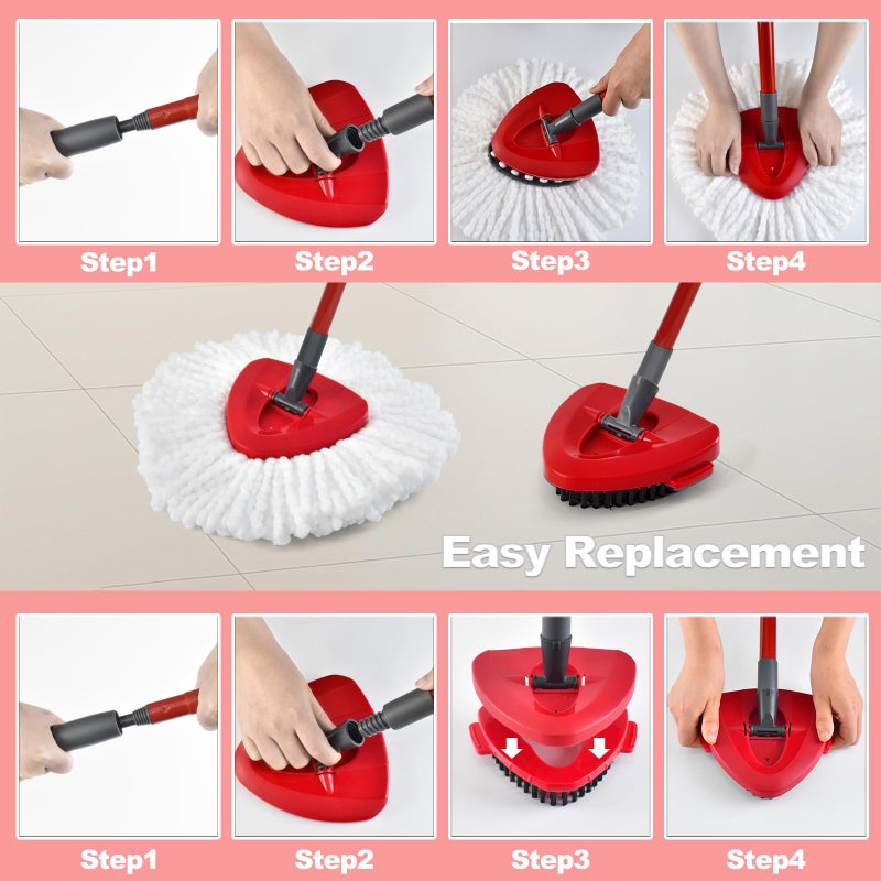 Uoiispet Mop Handle Mop Replace Heads and Mop Base Brush Replacement for O Cedar EasyWring 1-Tank System Include 3 Spin Mop Replacement Head, 4-Section Mop Handles, 1 Base and 1 Scrub Brush Combo - Image 3