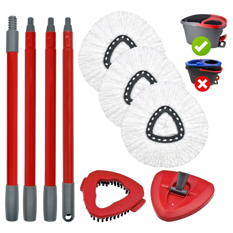 Uoiispet Mop Handle Mop Replace Heads and Mop Base Brush Replacement for O Cedar EasyWring 1-Tank System Include 3 Spin Mop Replacement Head, 4-Section Mop Handles, 1 Base and 1 Scrub Brush Combo - Image 1