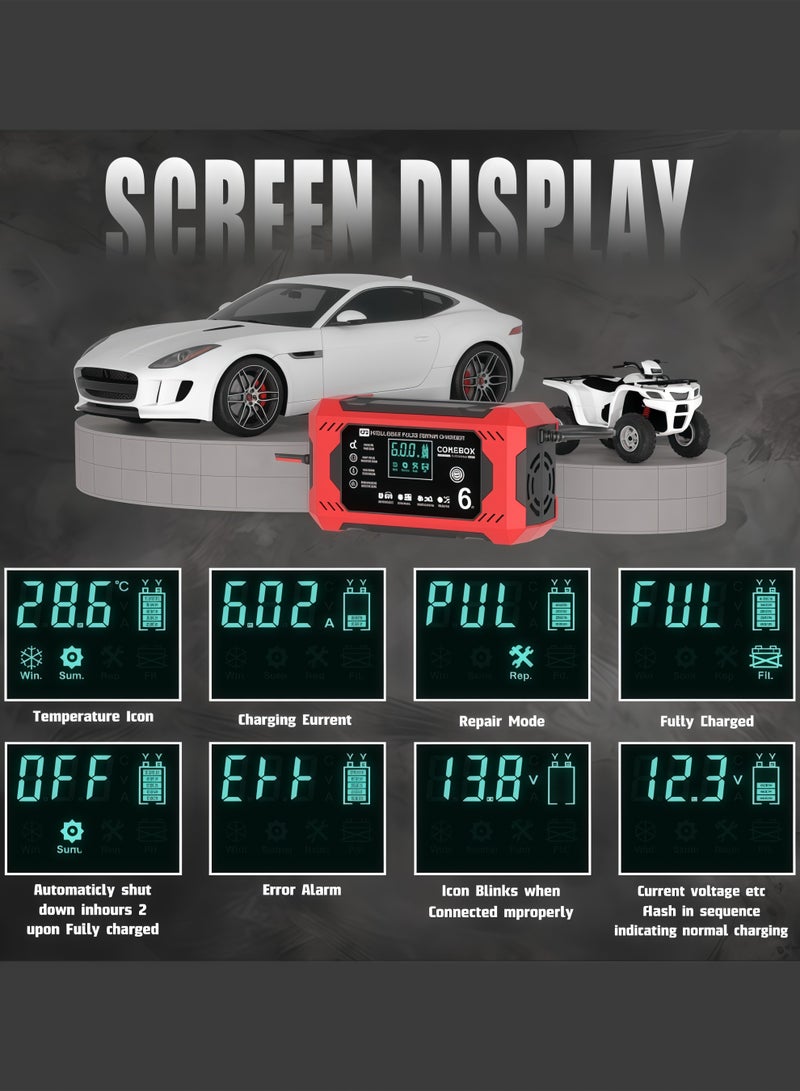 Core 12V 6A Car Emergency Starter with LCD Display, 12V 6A Fast/Trickle Charging, Overcharge/Overheat/Short Circuit/Reverse Polarity Protection, Automatic Mode Switching, Portable Battery Starter, Compatible with AGM/GEL/SLA/Wet/EFB Batteries, Capacity 4-100Ah, UK Standard Plug, Suitable for Trucks, Motorcycles, Lawn Mowers, Boats, RVs, Yachts, Solar Systems, etc. High-Power Battery Charger, Car Charger, Smart Charger. - Image 3