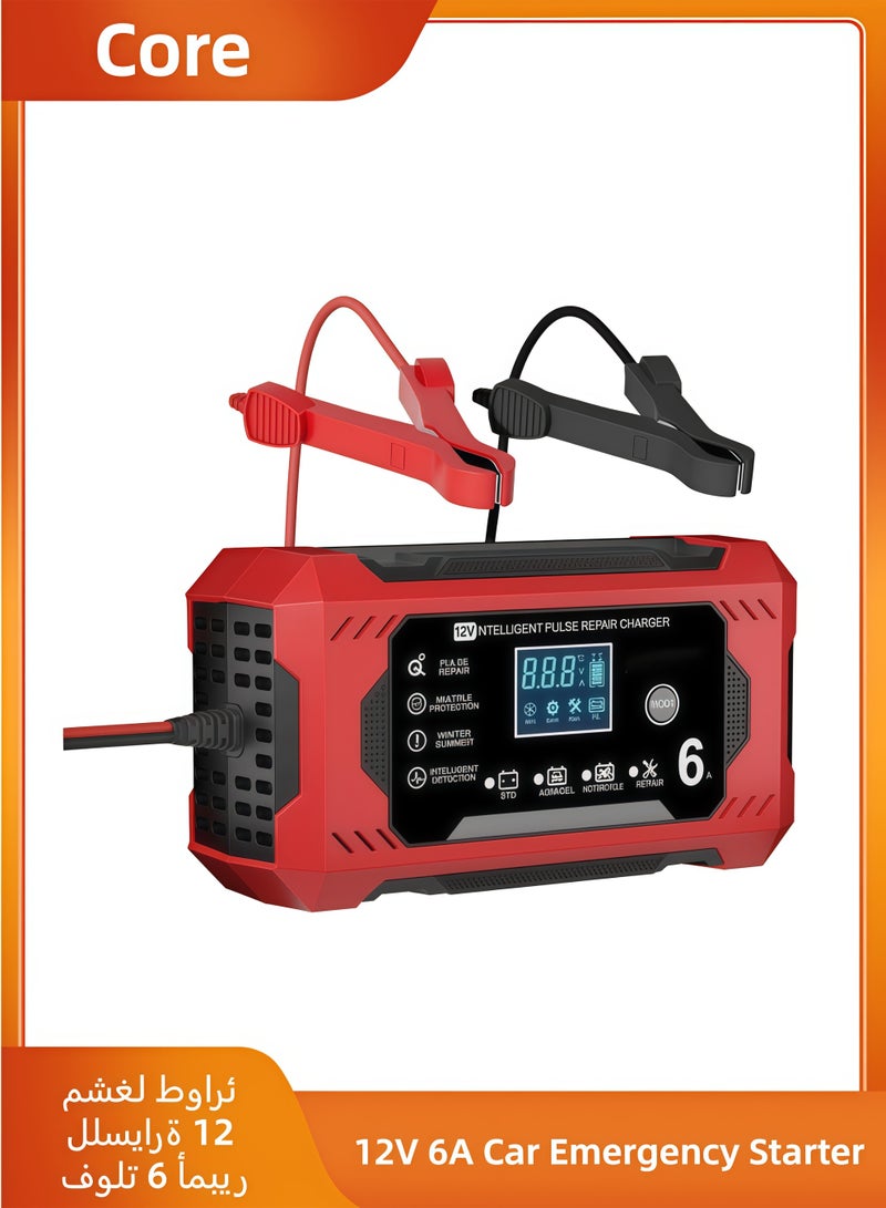 Core 12V 6A Car Emergency Starter with LCD Display, 12V 6A Fast/Trickle Charging, Overcharge/Overheat/Short Circuit/Reverse Polarity Protection, Automatic Mode Switching, Portable Battery Starter, Compatible with AGM/GEL/SLA/Wet/EFB Batteries, Capacity 4-100Ah, UK Standard Plug, Suitable for Trucks, Motorcycles, Lawn Mowers, Boats, RVs, Yachts, Solar Systems, etc. High-Power Battery Charger, Car Charger, Smart Charger. - Image 1
