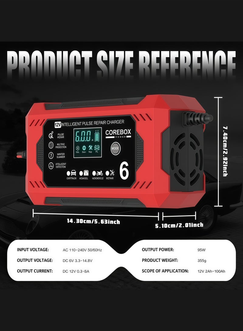 Core 12V 6A Car Emergency Starter with LCD Display, 12V 6A Fast/Trickle Charging, Overcharge/Overheat/Short Circuit/Reverse Polarity Protection, Automatic Mode Switching, Portable Battery Starter, Compatible with AGM/GEL/SLA/Wet/EFB Batteries, Capacity 4-100Ah, UK Standard Plug, Suitable for Trucks, Motorcycles, Lawn Mowers, Boats, RVs, Yachts, Solar Systems, etc. High-Power Battery Charger, Car Charger, Smart Charger. - Image 4