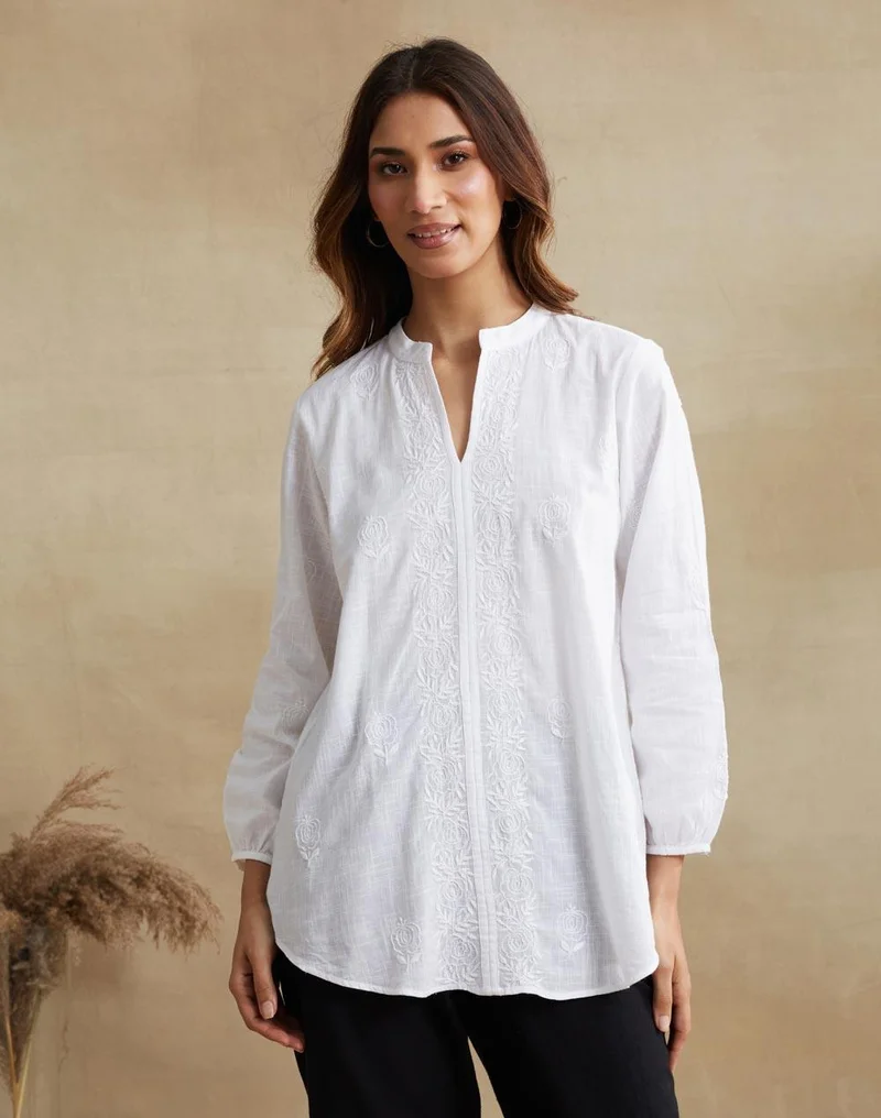 فاب انديا White Cotton Chikankari Clara Tunic