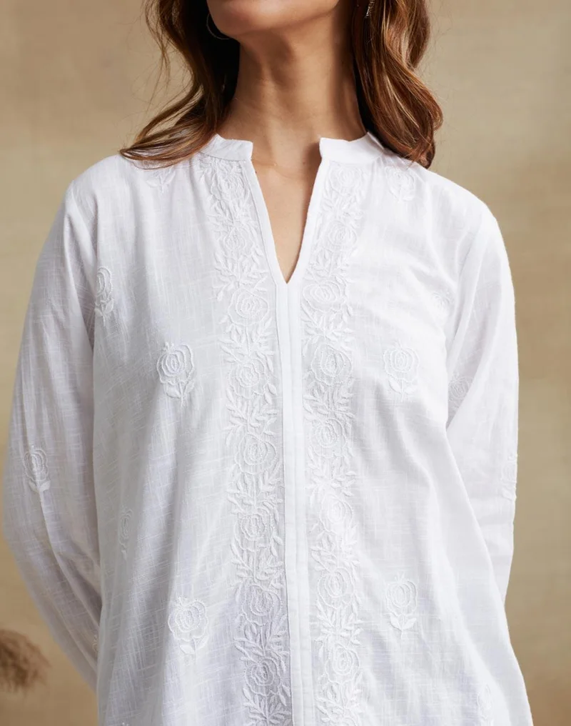 Fabindia  White Cotton Chikankari Clara Tunic for Women | Best Price UAE