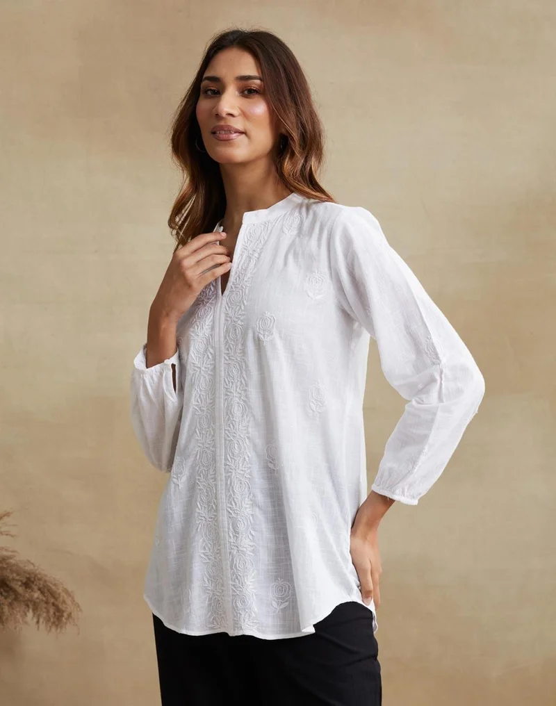 Fabindia  White Cotton Chikankari Clara Tunic for Women | Best Price UAE