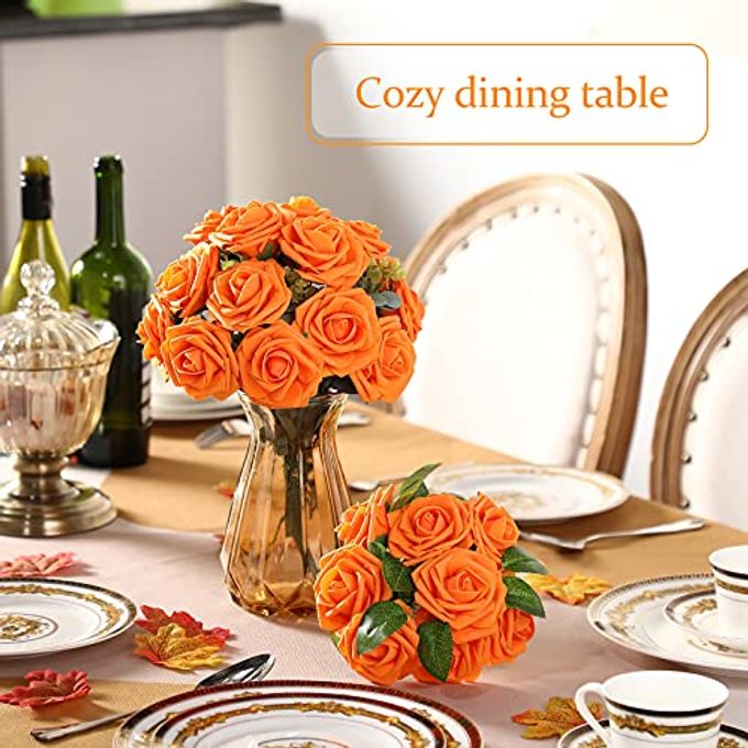 Syhood Artificial Foam Rose Flowers Vintage Fake Roses DIY Bouquets with Leaves and Stems for Wedding Bridal Shower Party Centerpieces Home Romantic Decor(Orange,50 Pieces) - Image 2