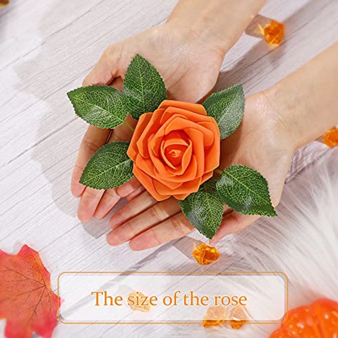 Syhood Artificial Foam Rose Flowers Vintage Fake Roses DIY Bouquets with Leaves and Stems for Wedding Bridal Shower Party Centerpieces Home Romantic Decor(Orange,50 Pieces) - Image 3