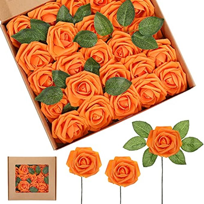 Syhood Artificial Foam Rose Flowers Vintage Fake Roses DIY Bouquets with Leaves and Stems for Wedding Bridal Shower Party Centerpieces Home Romantic Decor(Orange,50 Pieces) - Image 4