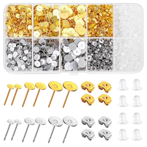 Caffox Hypoallergenic Earring Posts and Backs, Caffox 2000pcs Stud Earrings Making Kit with Ear Ring Base and Earring Backs for Leather Stud, Clay, Pearl Jewelry Making (Gold & Silver) - Image 1