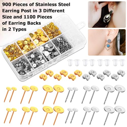 Caffox Hypoallergenic Earring Posts and Backs, Caffox 2000pcs Stud Earrings Making Kit with Ear Ring Base and Earring Backs for Leather Stud, Clay, Pearl Jewelry Making (Gold & Silver) - Image 4