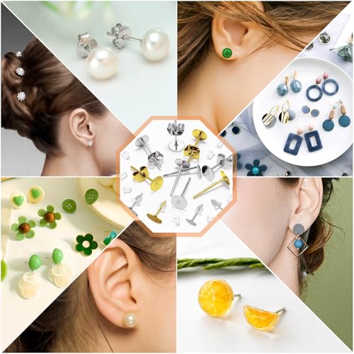 Caffox Hypoallergenic Earring Posts and Backs, Caffox 2000pcs Stud Earrings Making Kit with Ear Ring Base and Earring Backs for Leather Stud, Clay, Pearl Jewelry Making (Gold & Silver) - Image 3