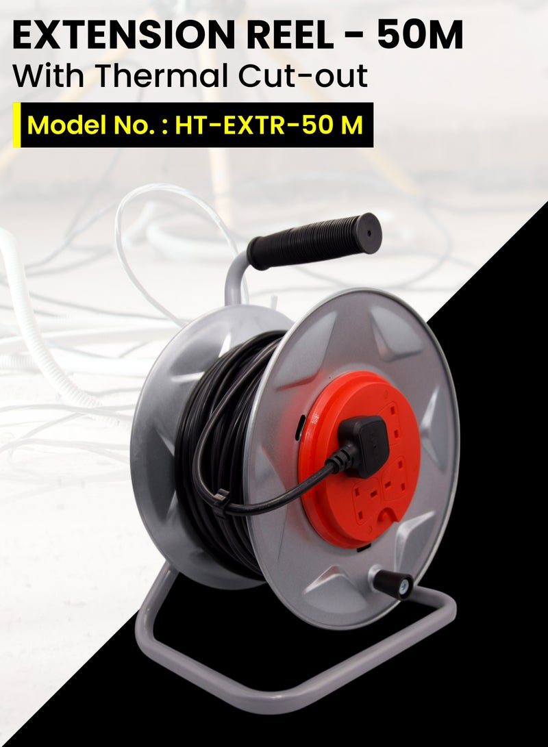 هاي-تيك بكرة كابل HI-TECH  بطول 50 متر - 4 مقابس بريطانية 3 سنون، كابل H05VV-F 3G مقاس 1.5 مم، حماية ضد القطع الحراري، هيكل البكرة فولاذي مقاوم للصدأ، 230 فولت/1000 واط/13 أمبير، أسطوانة تمديد شديدة التحمل، استخدام داخلي . - Image 2