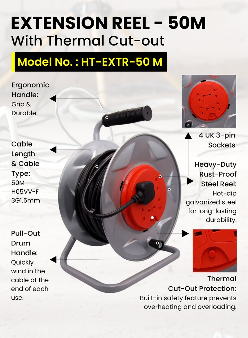هاي-تيك بكرة كابل HI-TECH  بطول 50 متر - 4 مقابس بريطانية 3 سنون، كابل H05VV-F 3G مقاس 1.5 مم، حماية ضد القطع الحراري، هيكل البكرة فولاذي مقاوم للصدأ، 230 فولت/1000 واط/13 أمبير، أسطوانة تمديد شديدة التحمل، استخدام داخلي . - Image 3