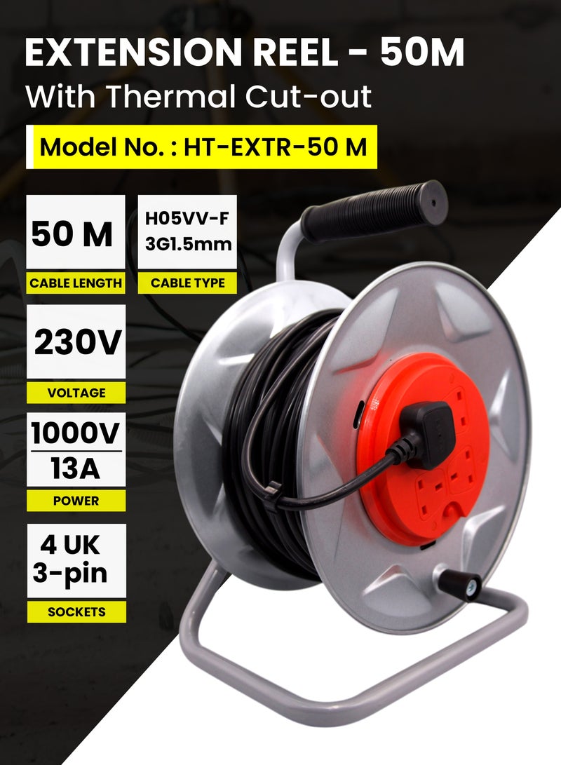 هاي-تيك بكرة كابل HI-TECH  بطول 50 متر - 4 مقابس بريطانية 3 سنون، كابل H05VV-F 3G مقاس 1.5 مم، حماية ضد القطع الحراري، هيكل البكرة فولاذي مقاوم للصدأ، 230 فولت/1000 واط/13 أمبير، أسطوانة تمديد شديدة التحمل، استخدام داخلي . - Image 4