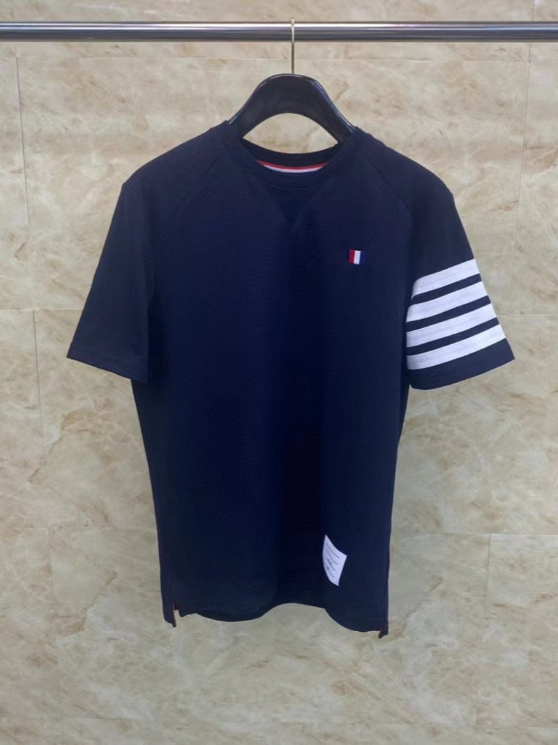 Tb Tom Red White Blue Embroidery Round Neck Short Sleeve Casual Comfortable Versatile Four Bar Round Neck Short Sleeve T-Shirt - Image 5