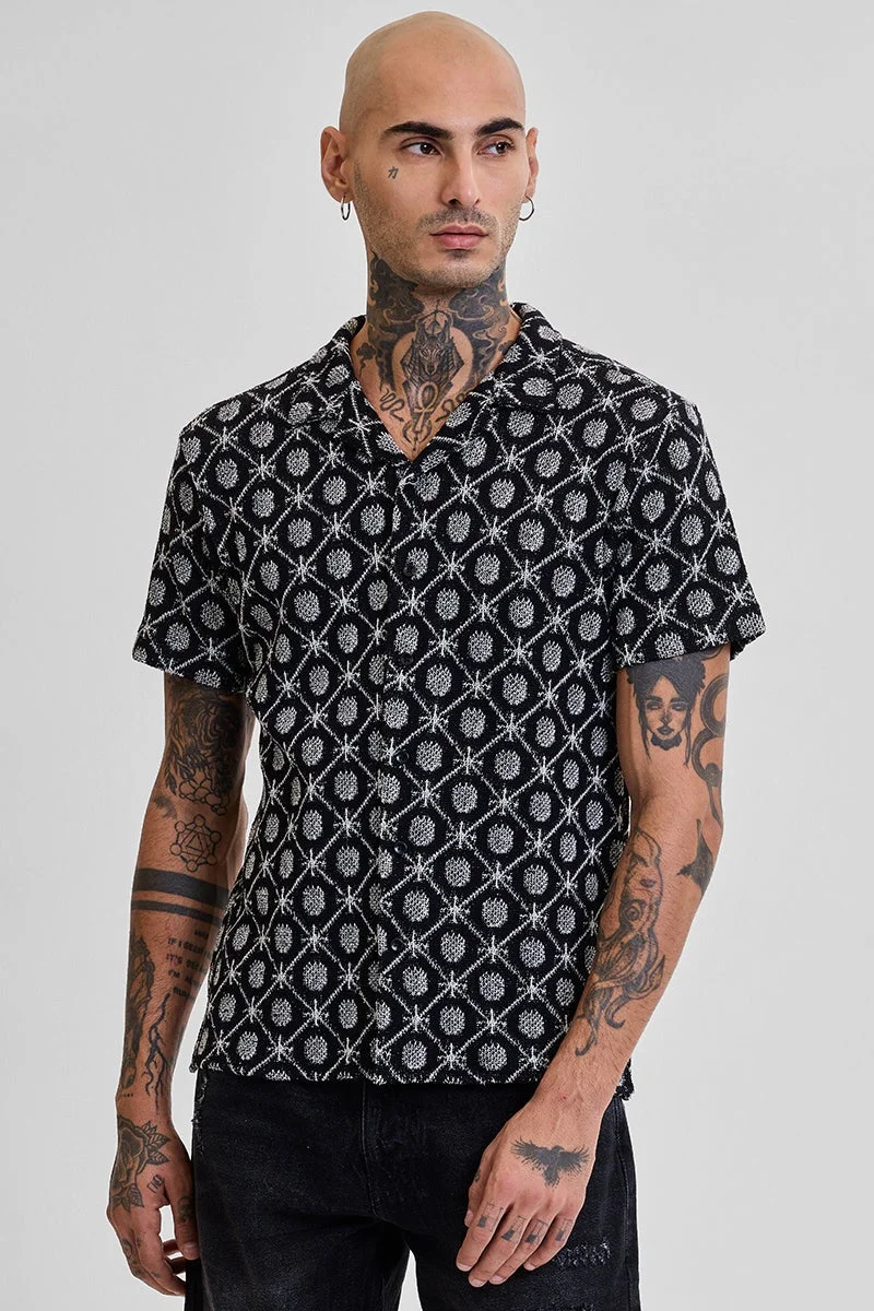 سنيتش Black Geometric Half Sleeve Boxy Shirt
