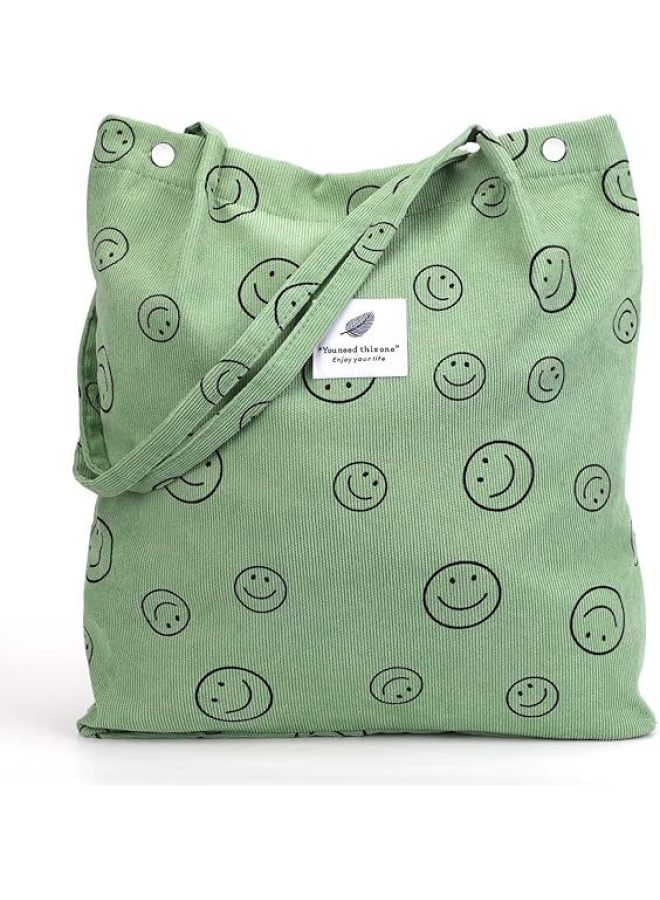 2025 Corduroy Shoulder Bag Women's South Korea Student Canvas Bag Large Capacity Artistic Simple All-match Shopping Bag-Color:Bean Green Smiling Face - Image 1