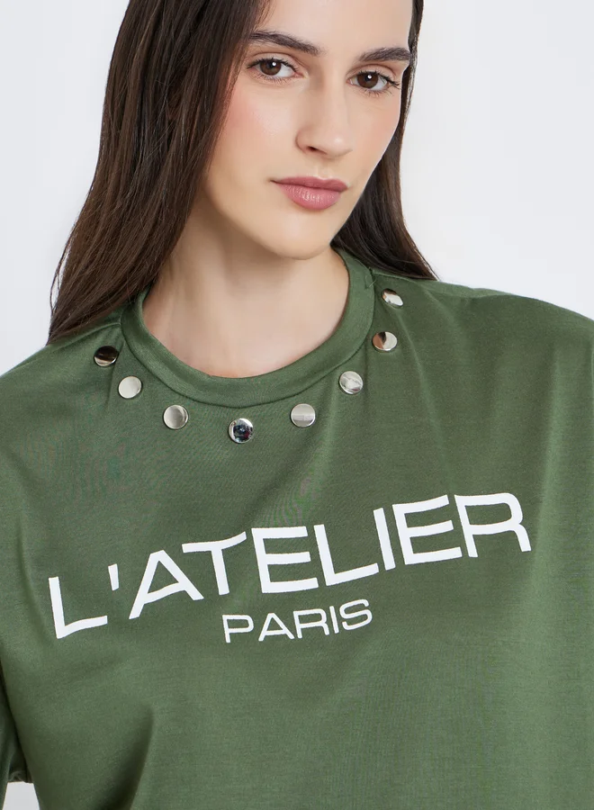 Styli Styli Women Green Studded Oversized T-Shirt